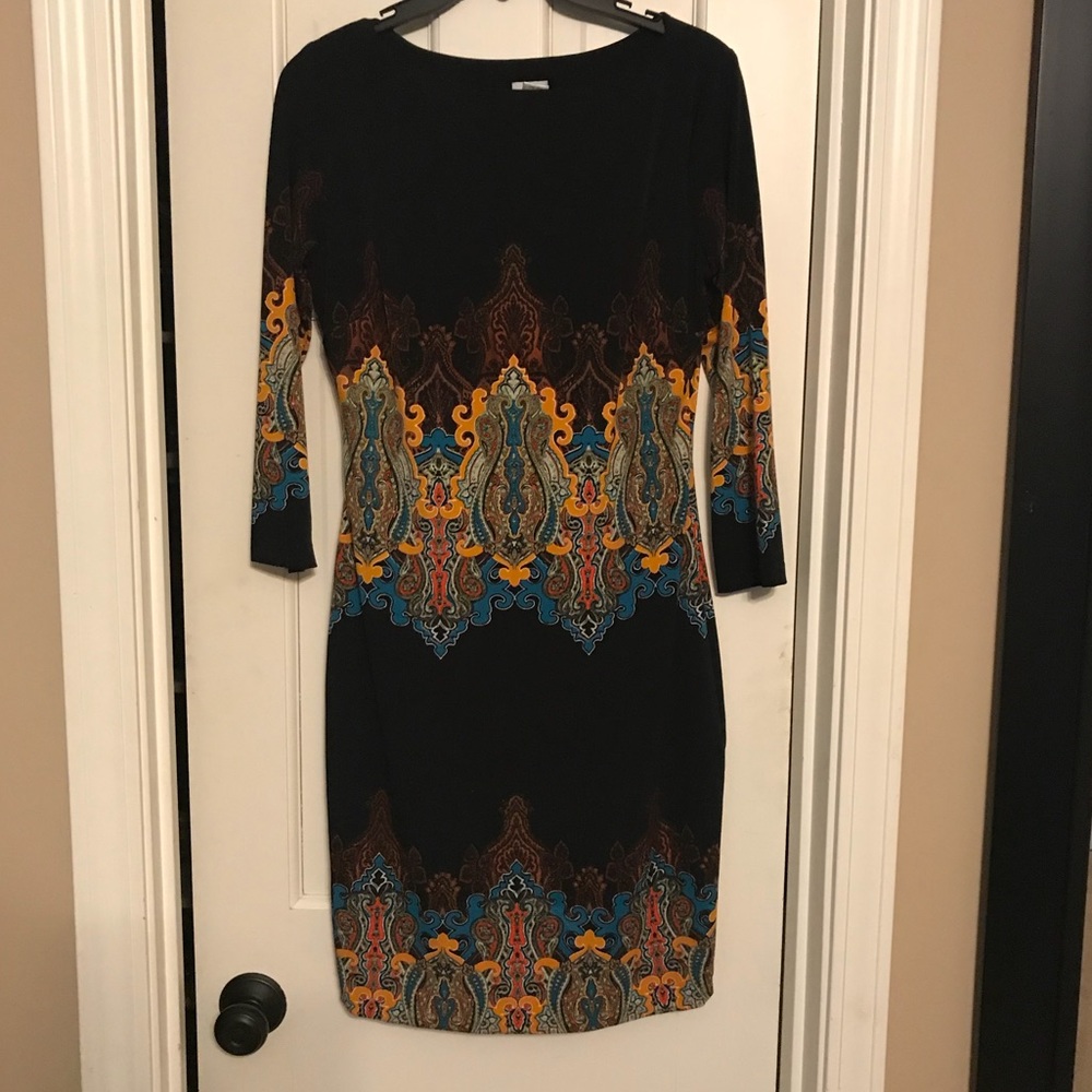Cache paisley print lined sheath dress size M.